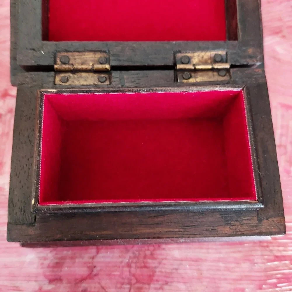 Sarinah Carved Wood Hinged Trinket Box-Peacock Carved into the Lid